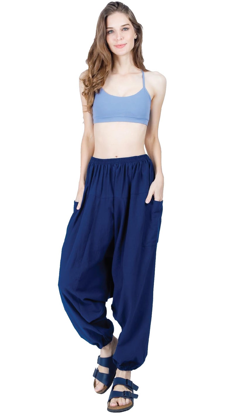 CandyHusky Women Cotton Harem Pants Casual Elastic Waist Boho Pants ComfortSoft - Blue - Image 3